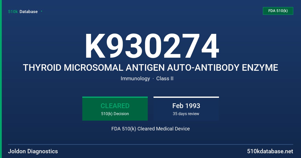 K930274 THYROID MICROSOMAL ANTIGEN AUTO-ANTIBODY ENZYME FDA 510(k) Cleared Medical Device