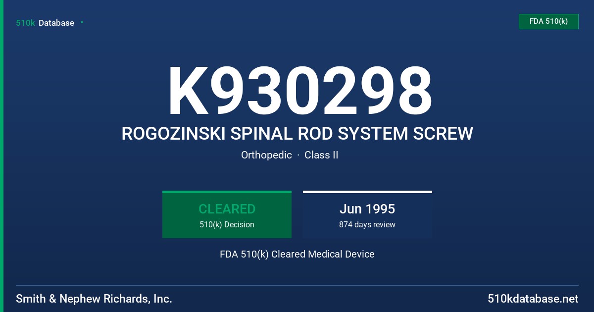 K930298 ROGOZINSKI SPINAL ROD SYSTEM SCREW FDA 510(k) Cleared Medical Device