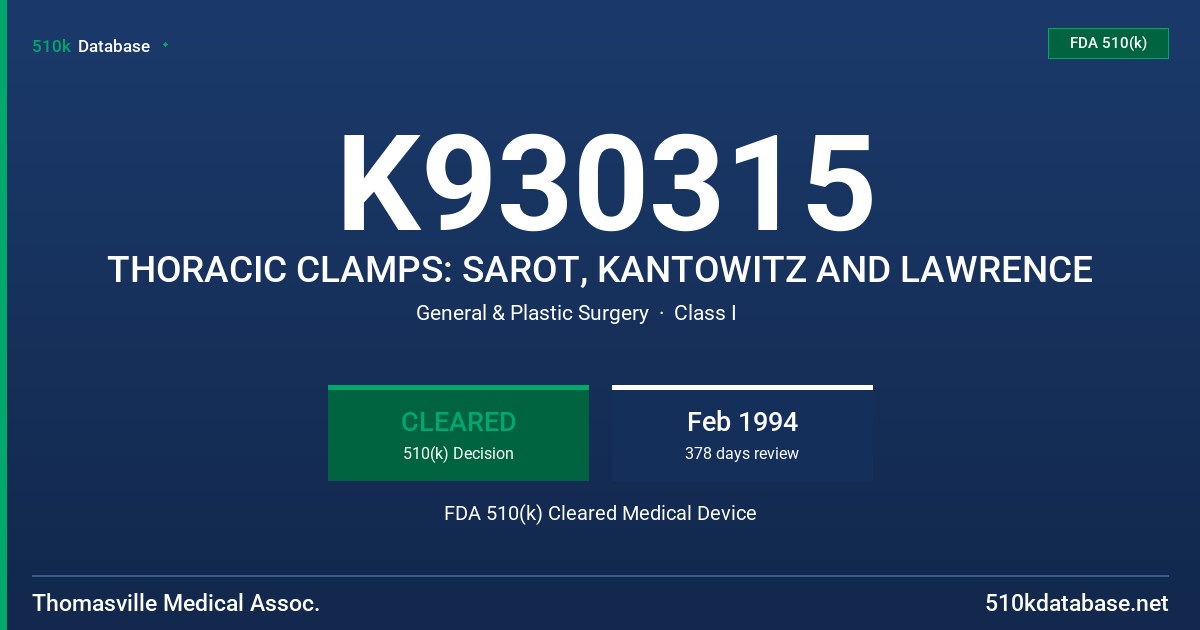 K930315 THORACIC CLAMPS: SAROT, KANTOWITZ AND LAWRENCE FDA 510(k) Cleared Medical Device