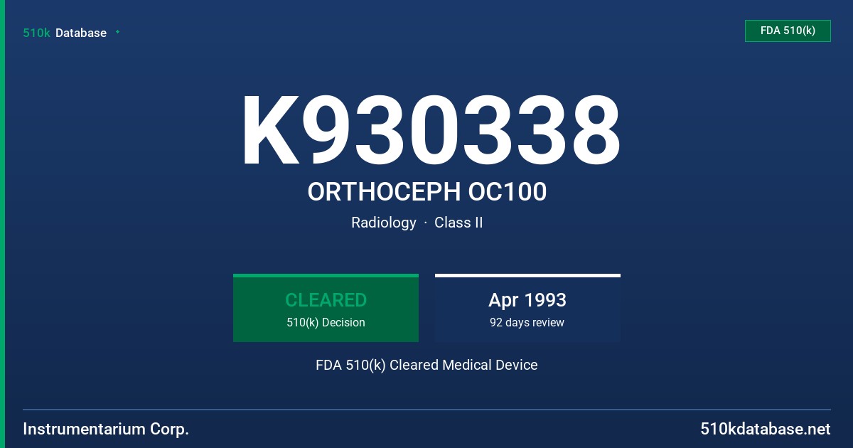 K930338 ORTHOCEPH OC100 FDA 510(k) Cleared Medical Device