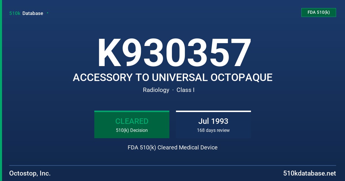 K930357 ACCESSORY TO UNIVERSAL OCTOPAQUE FDA 510(k) Cleared Medical Device