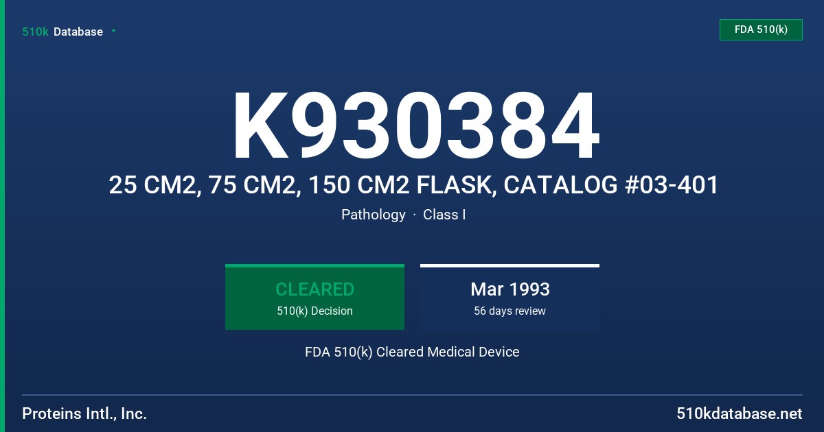 K930384 25 CM2, 75 CM2, 150 CM2 FLASK, CATALOG #03-401 FDA 510(k) Cleared Medical Device