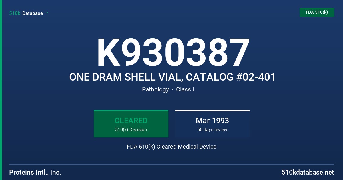 K930387 ONE DRAM SHELL VIAL, CATALOG #02-401 FDA 510(k) Cleared Medical Device