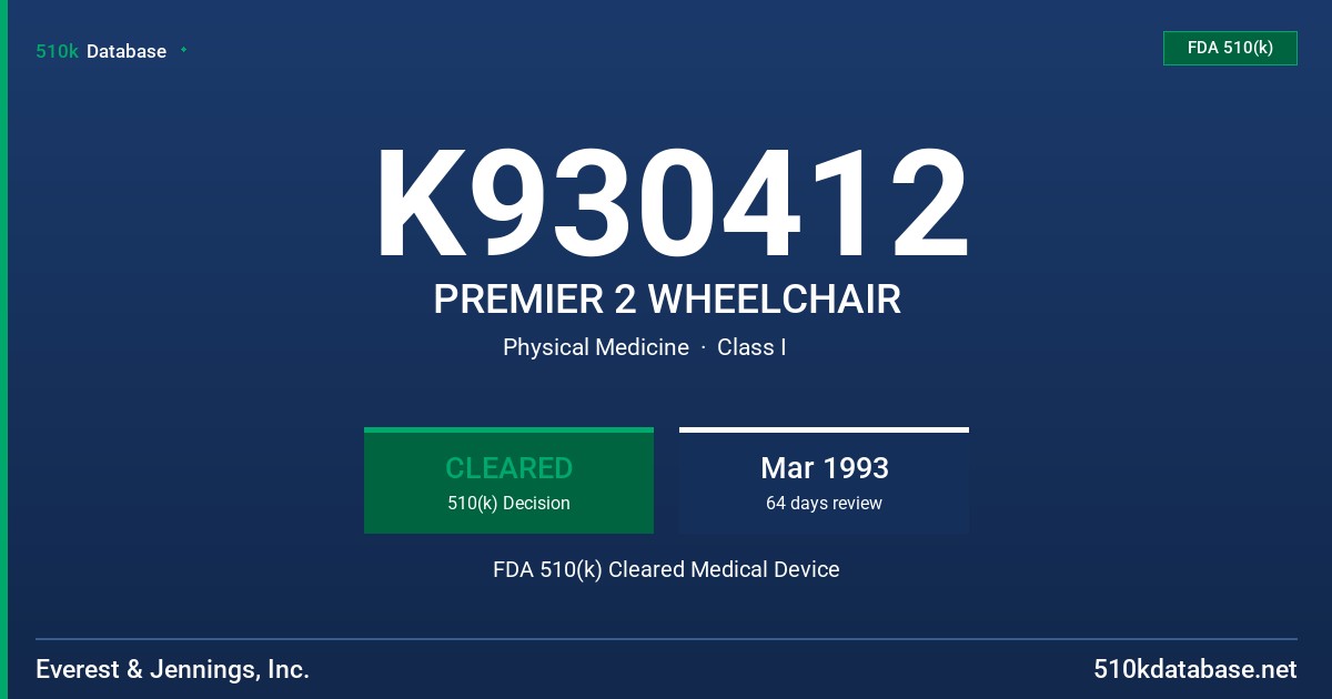 K930412 PREMIER 2 WHEELCHAIR FDA 510(k) Cleared Medical Device