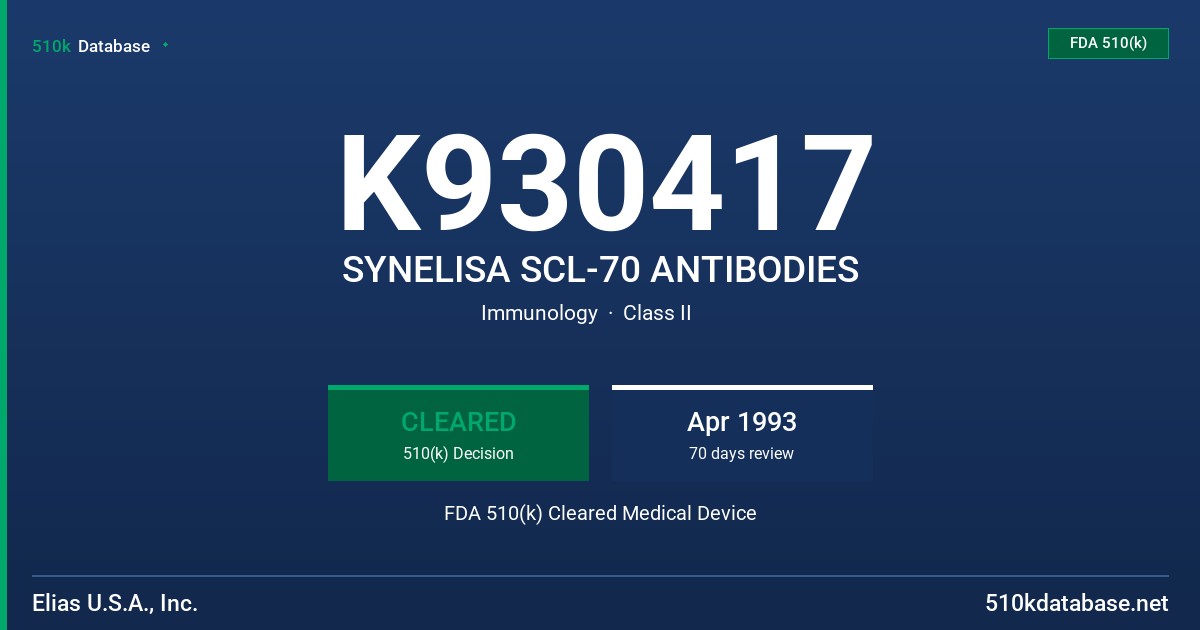 K930417 SYNELISA SCL-70 ANTIBODIES FDA 510(k) Cleared Medical Device