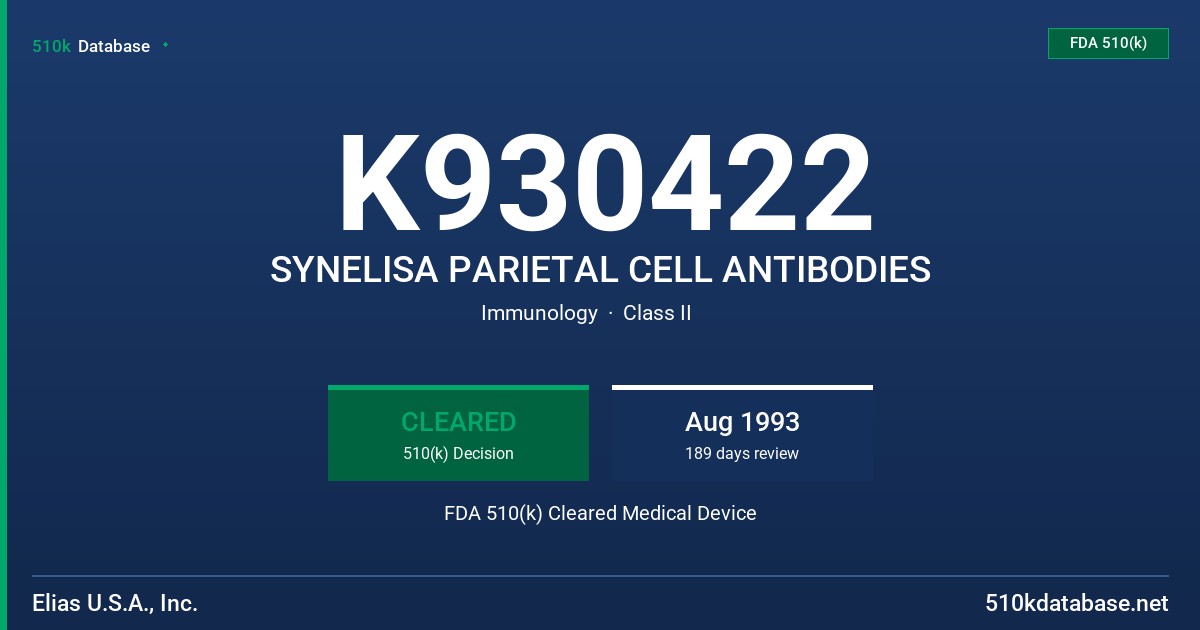 K930422 SYNELISA PARIETAL CELL ANTIBODIES FDA 510(k) Cleared Medical Device