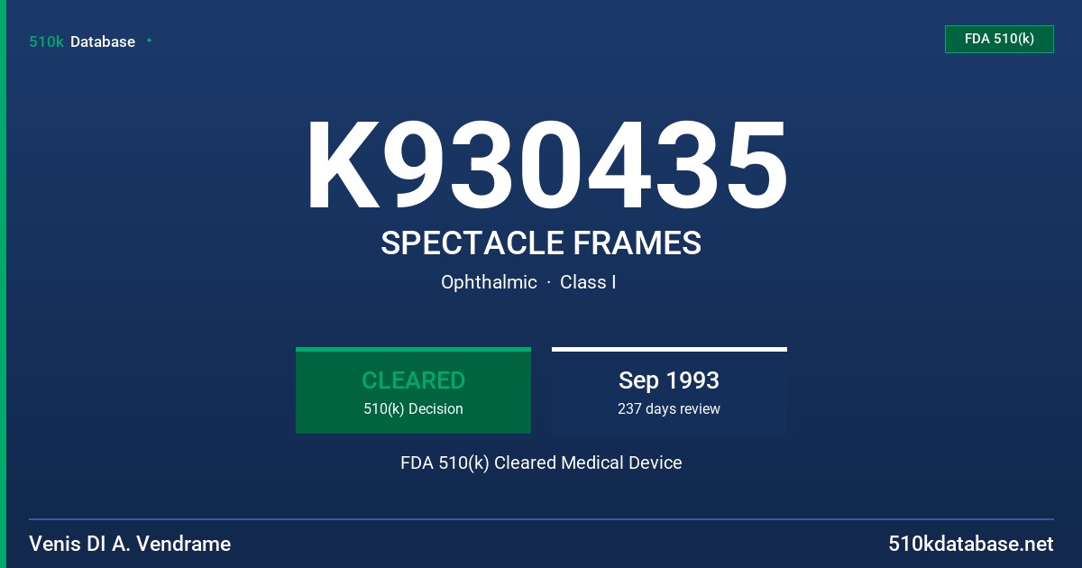 K930435 SPECTACLE FRAMES FDA 510(k) Cleared Medical Device