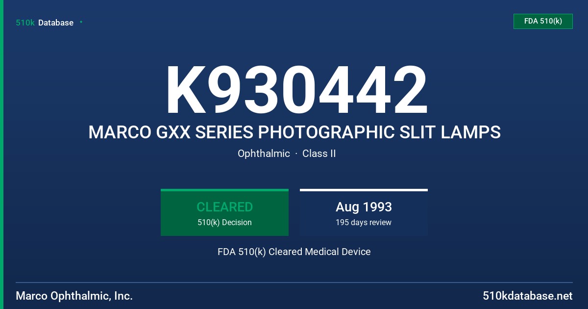 K930442 MARCO GXX SERIES PHOTOGRAPHIC SLIT LAMPS FDA 510(k) Cleared Medical Device