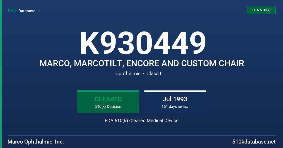K930449 MARCO, MARCOTILT, ENCORE AND CUSTOM CHAIR FDA 510(k) Cleared Medical Device