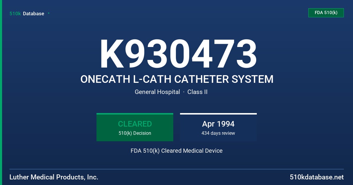 K930473 ONECATH L-CATH CATHETER SYSTEM FDA 510(k) Cleared Medical Device