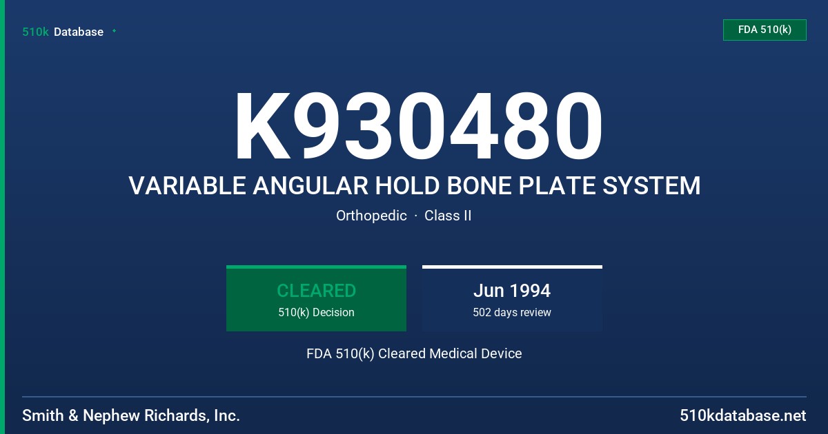 K930480 VARIABLE ANGULAR HOLD BONE PLATE SYSTEM FDA 510(k) Cleared Medical Device
