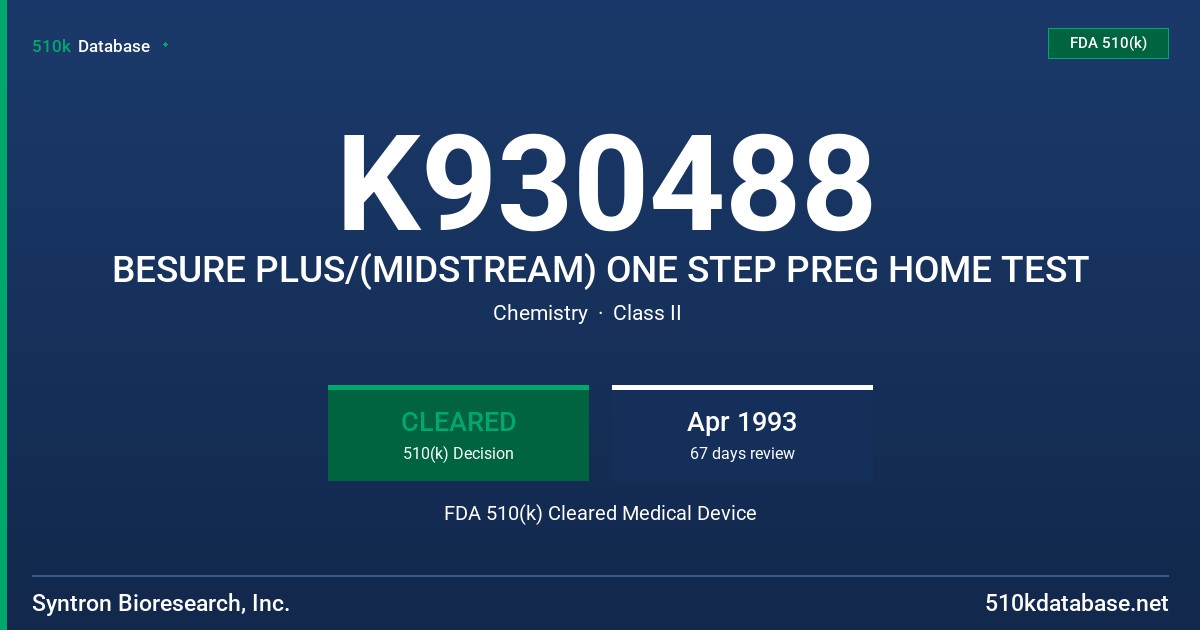 K930488 BESURE PLUS/(MIDSTREAM) ONE STEP PREG HOME TEST FDA 510(k) Cleared Medical Device