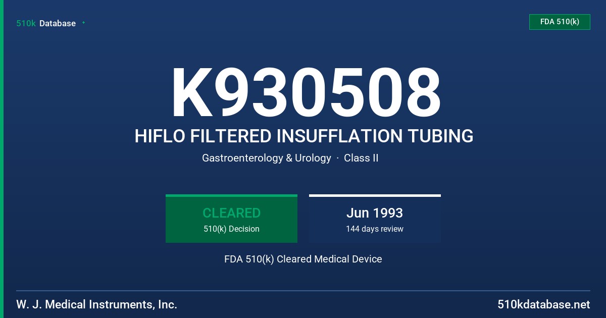 K930508 HIFLO FILTERED INSUFFLATION TUBING FDA 510(k) Cleared Medical Device