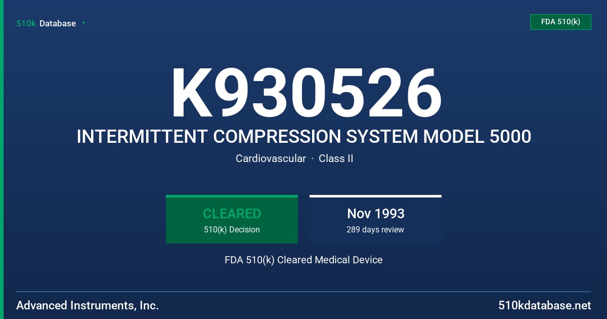 K930526 INTERMITTENT COMPRESSION SYSTEM MODEL 5000 FDA 510(k) Cleared Medical Device