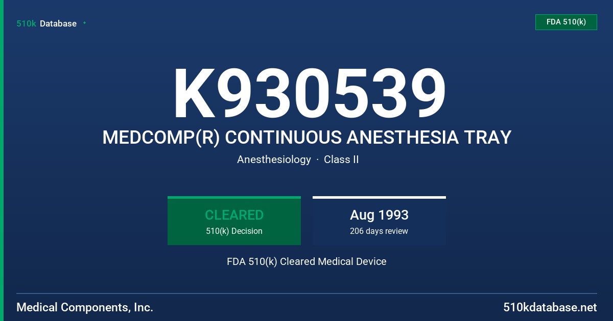 K930539 MEDCOMP(R) CONTINUOUS ANESTHESIA TRAY FDA 510(k) Cleared Medical Device