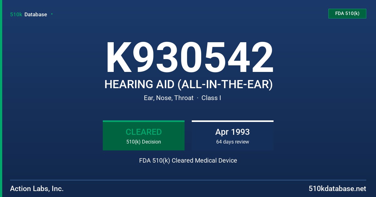 K930542 HEARING AID (ALL-IN-THE-EAR) FDA 510(k) Cleared Medical Device