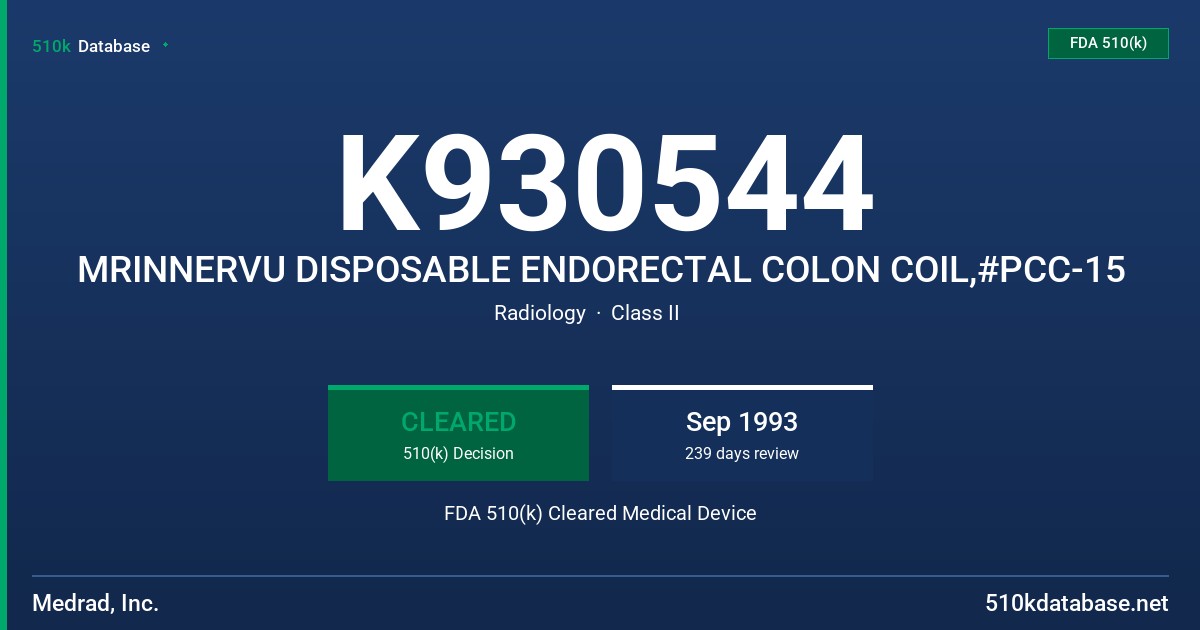 K930544 MRINNERVU DISPOSABLE ENDORECTAL COLON COIL,#PCC-15 FDA 510(k) Cleared Medical Device