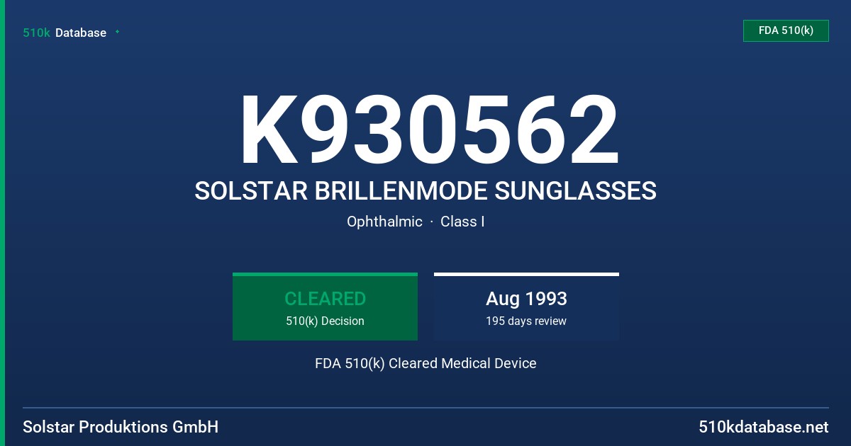 K930562 SOLSTAR BRILLENMODE SUNGLASSES FDA 510(k) Cleared Medical Device