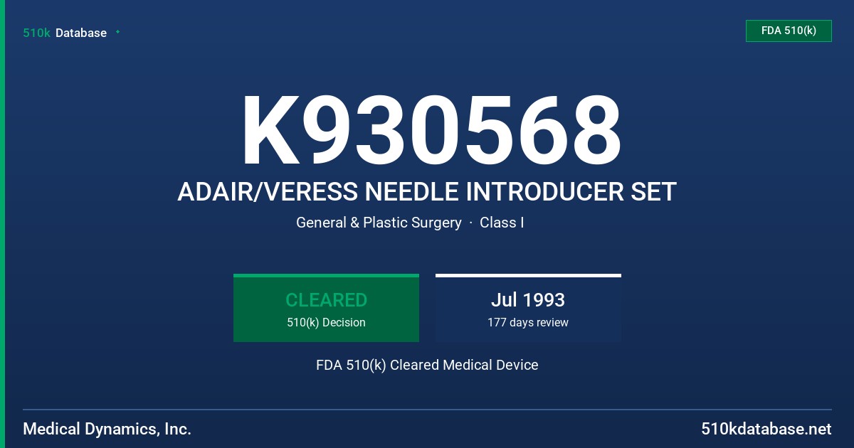 K930568 ADAIR/VERESS NEEDLE INTRODUCER SET FDA 510(k) Cleared Medical Device