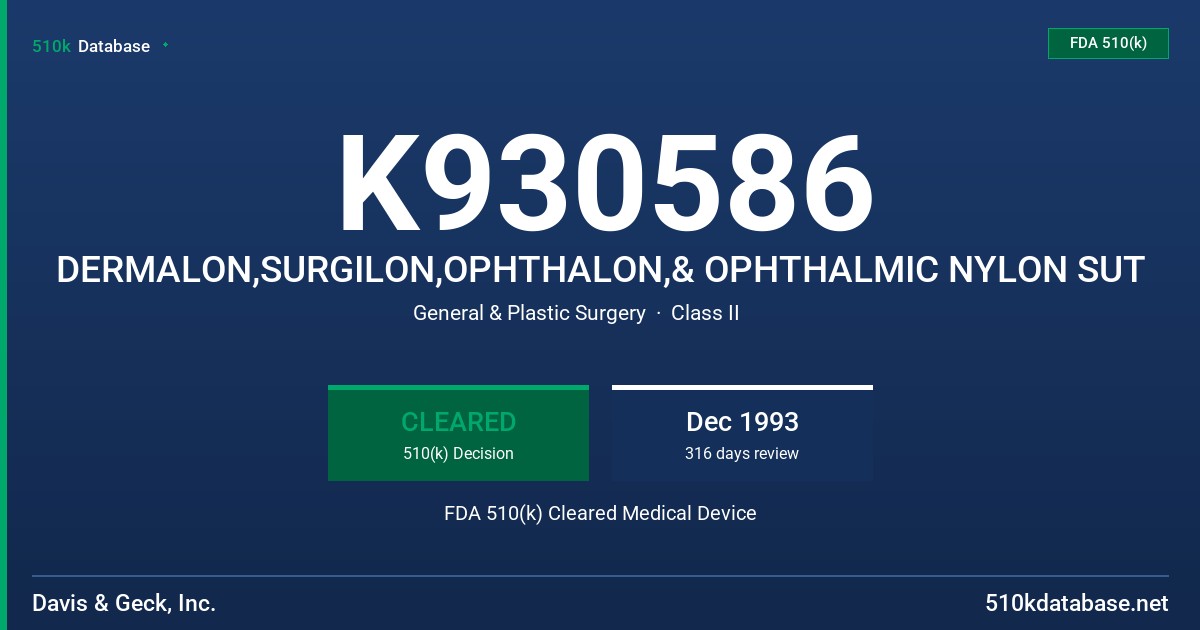 K930586 DERMALON,SURGILON,OPHTHALON,& OPHTHALMIC NYLON SUT FDA 510(k) Cleared Medical Device