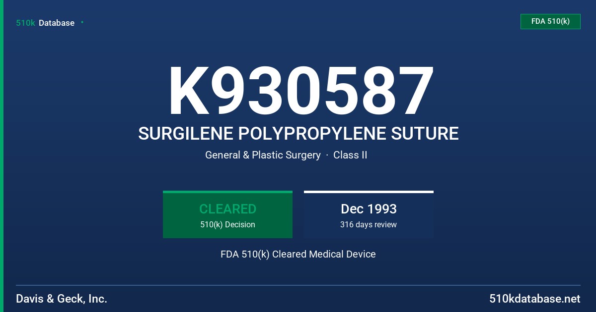 K930587 SURGILENE POLYPROPYLENE SUTURE FDA 510(k) Cleared Medical Device