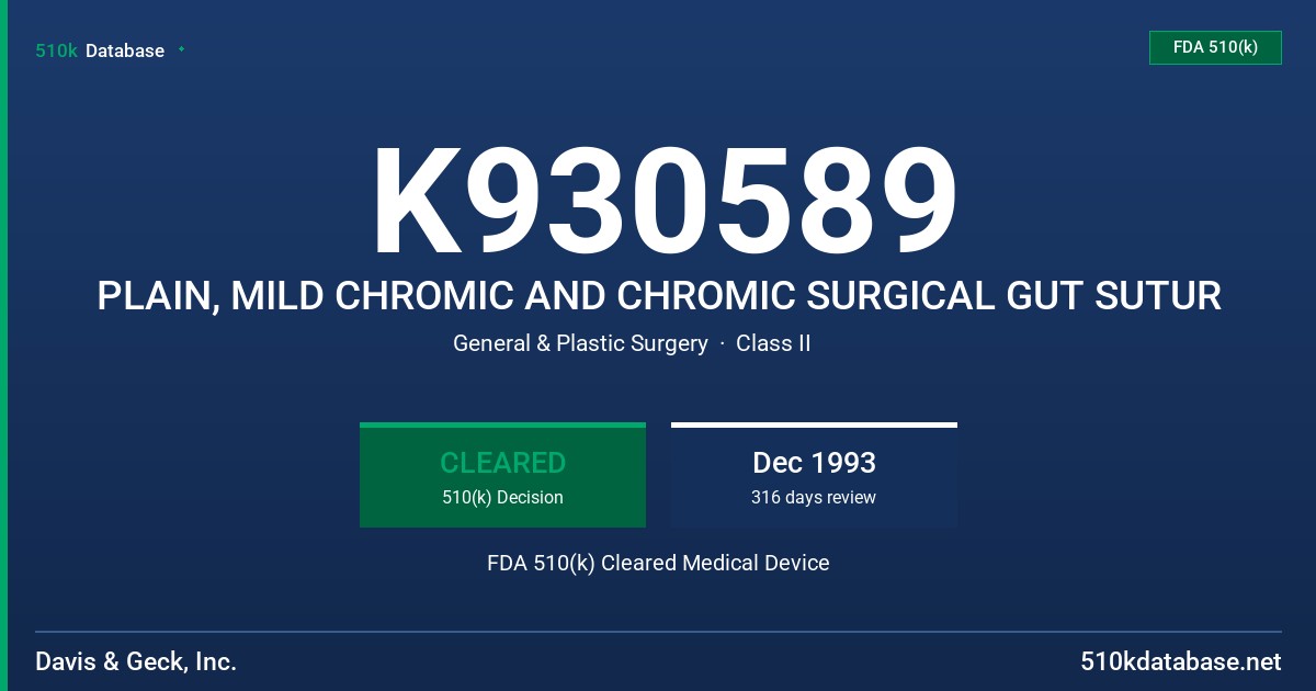 K930589 PLAIN, MILD CHROMIC AND CHROMIC SURGICAL GUT SUTUR FDA 510(k) Cleared Medical Device