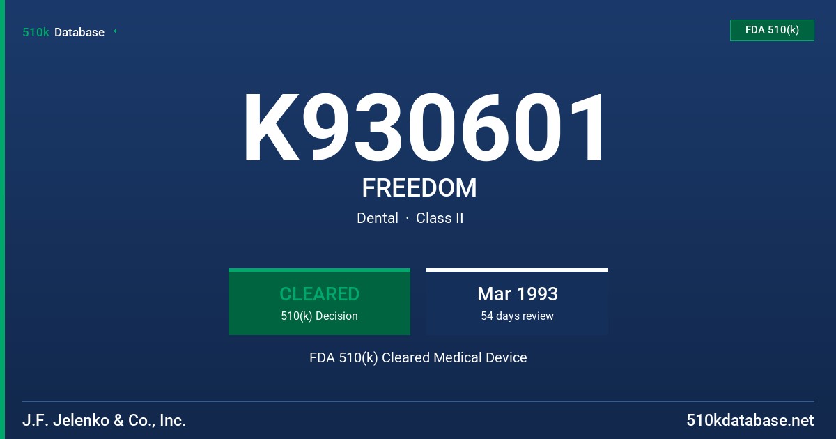 K930601 FREEDOM FDA 510(k) Cleared Medical Device