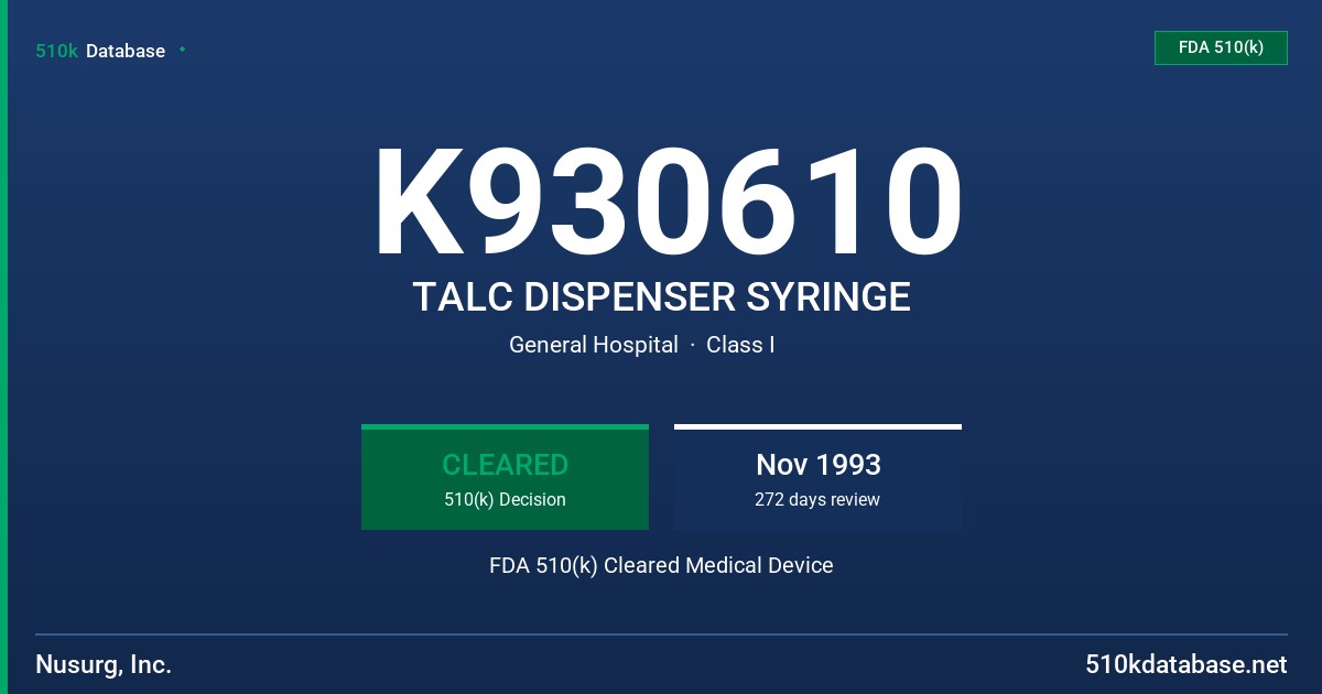 K930610 TALC DISPENSER SYRINGE FDA 510(k) Cleared Medical Device