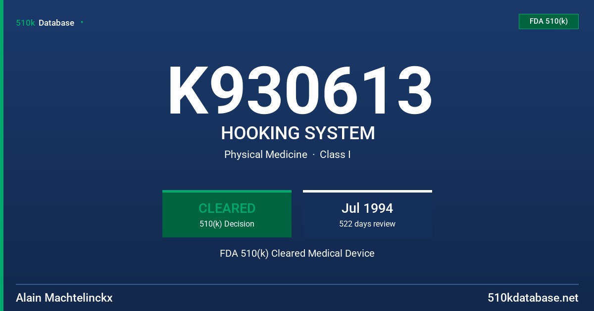 K930613 HOOKING SYSTEM FDA 510(k) Cleared Medical Device