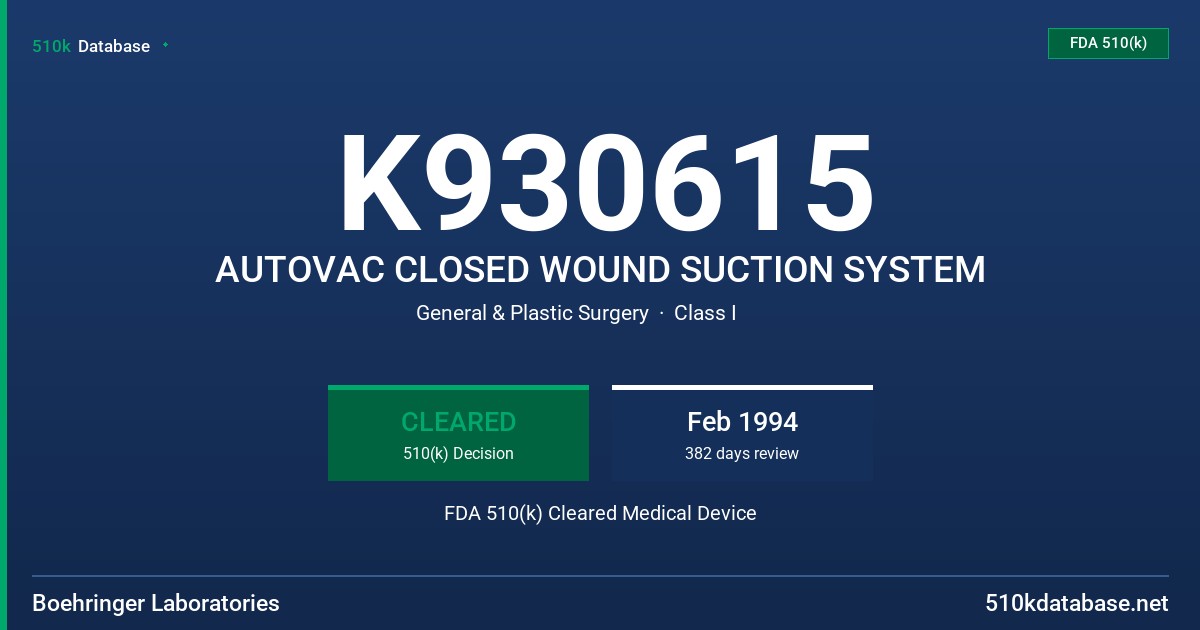 K930615 AUTOVAC CLOSED WOUND SUCTION SYSTEM FDA 510(k) Cleared Medical Device