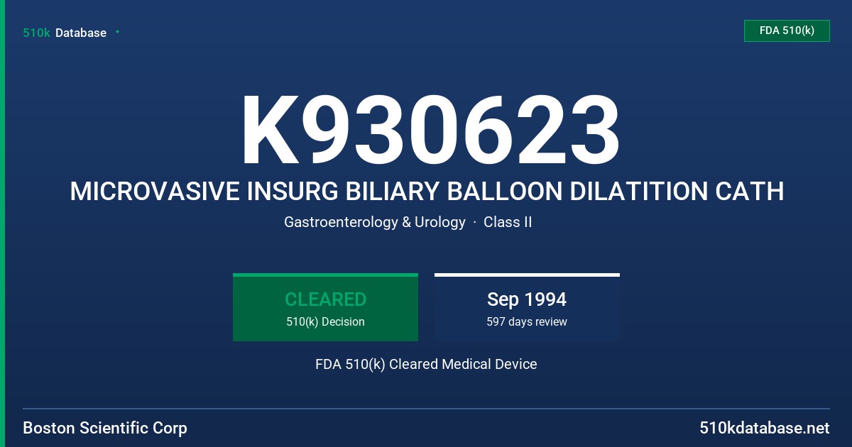 K930623 MICROVASIVE INSURG BILIARY BALLOON DILATITION CATH FDA 510(k) Cleared Medical Device