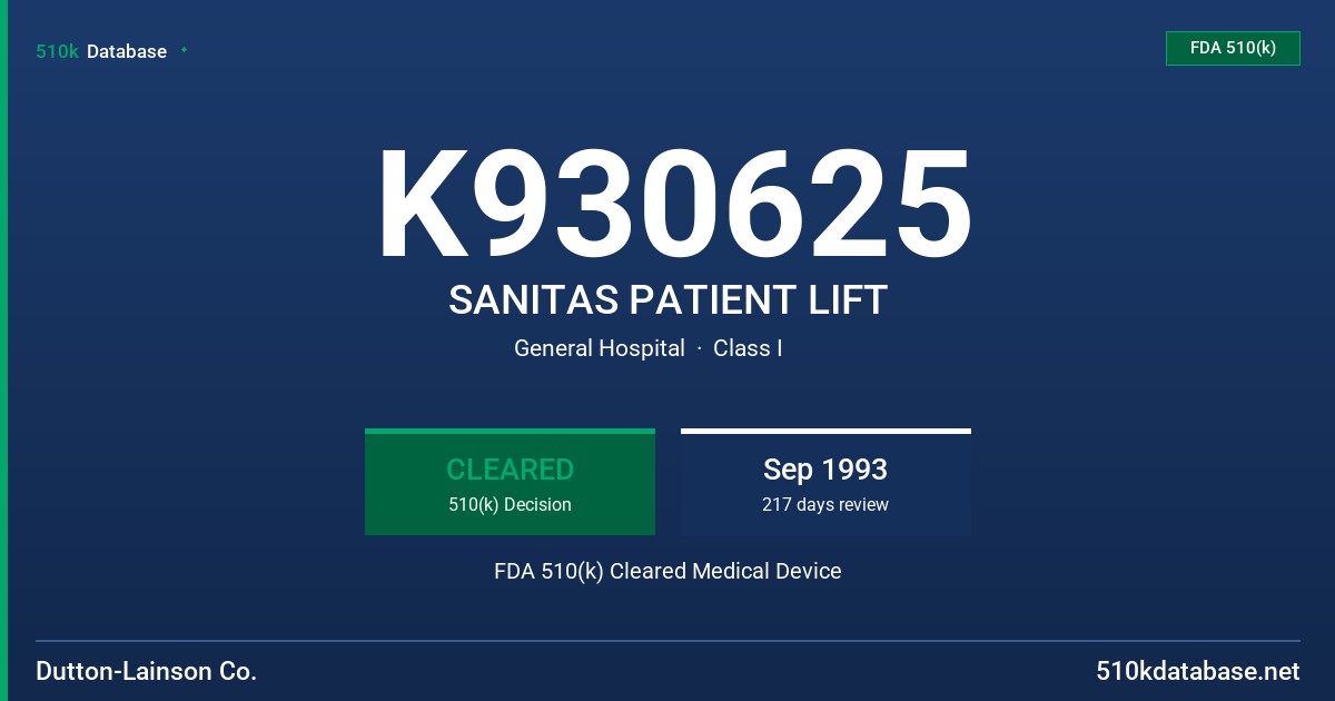 K930625 SANITAS PATIENT LIFT FDA 510(k) Cleared Medical Device