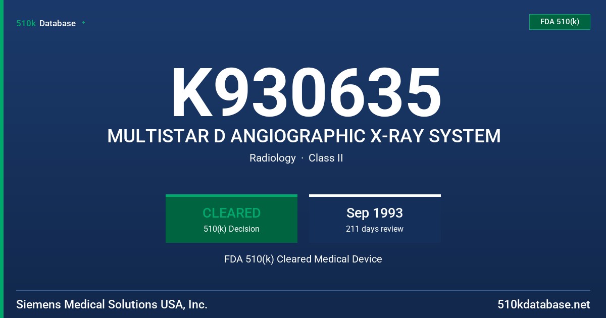 K930635 MULTISTAR D ANGIOGRAPHIC X-RAY SYSTEM FDA 510(k) Cleared Medical Device