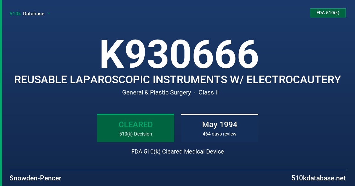 K930666 REUSABLE LAPAROSCOPIC INSTRUMENTS W/ ELECTROCAUTERY FDA 510(k) Cleared Medical Device