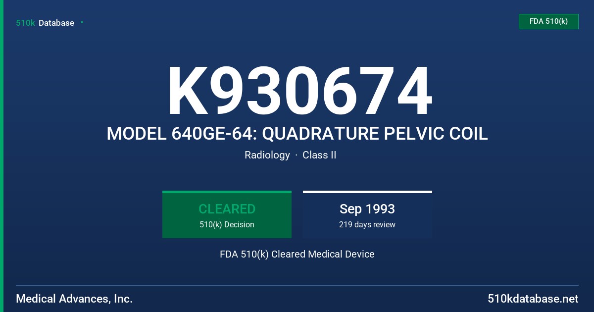 K930674 MODEL 640GE-64: QUADRATURE PELVIC COIL FDA 510(k) Cleared Medical Device