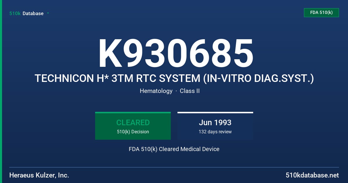K930685 TECHNICON H* 3TM RTC SYSTEM (IN-VITRO DIAG.SYST.) FDA 510(k) Cleared Medical Device
