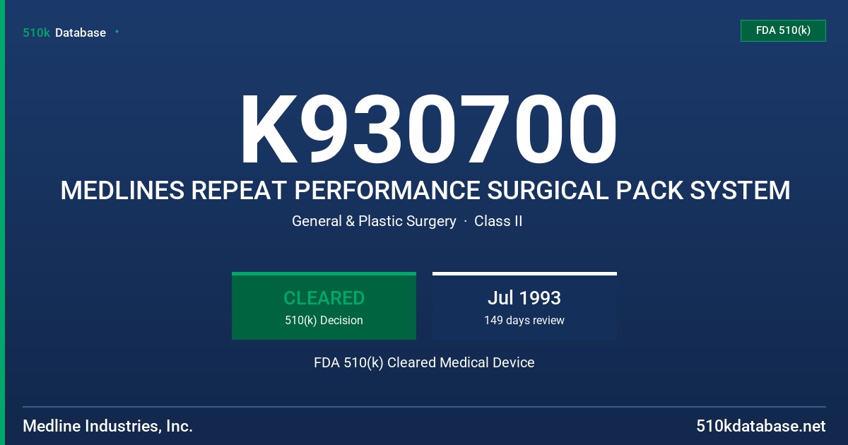 K930700 MEDLINES REPEAT PERFORMANCE SURGICAL PACK SYSTEM FDA 510(k) Cleared Medical Device