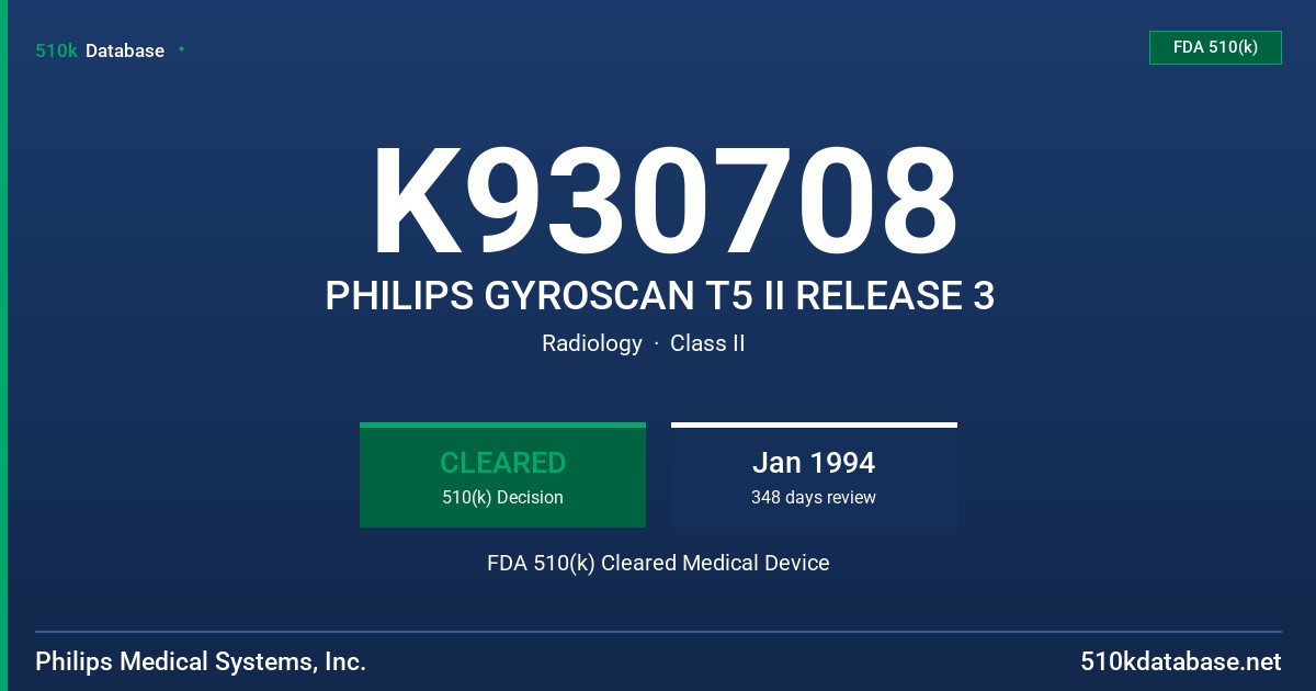 K930708 PHILIPS GYROSCAN T5 II RELEASE 3 FDA 510(k) Cleared Medical Device