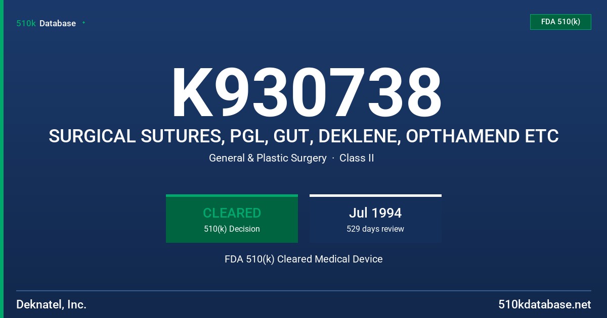 K930738 SURGICAL SUTURES, PGL, GUT, DEKLENE, OPTHAMEND ETC FDA 510(k) Cleared Medical Device