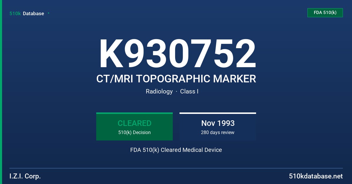 K930752 CT/MRI TOPOGRAPHIC MARKER FDA 510(k) Cleared Medical Device