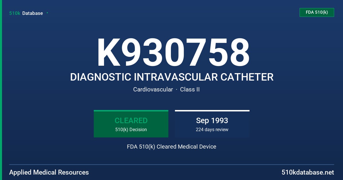 K930758 DIAGNOSTIC INTRAVASCULAR CATHETER FDA 510(k) Cleared Medical Device