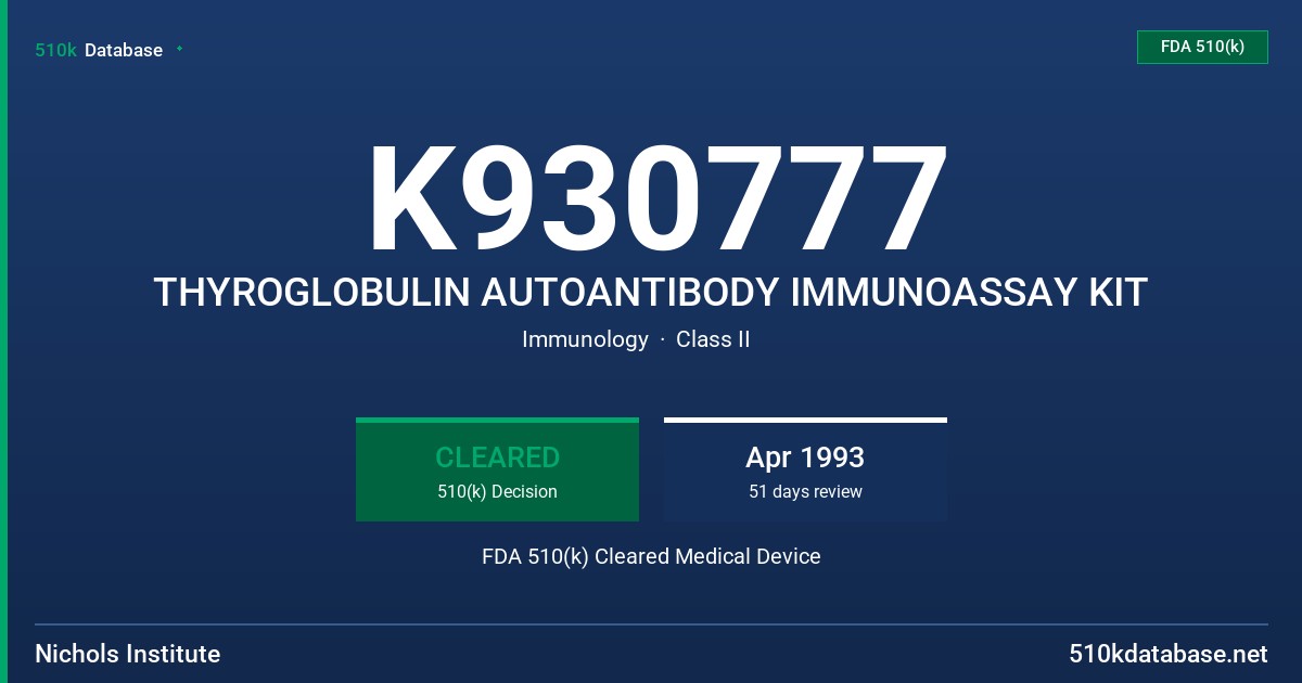 K930777 THYROGLOBULIN AUTOANTIBODY IMMUNOASSAY KIT FDA 510(k) Cleared Medical Device