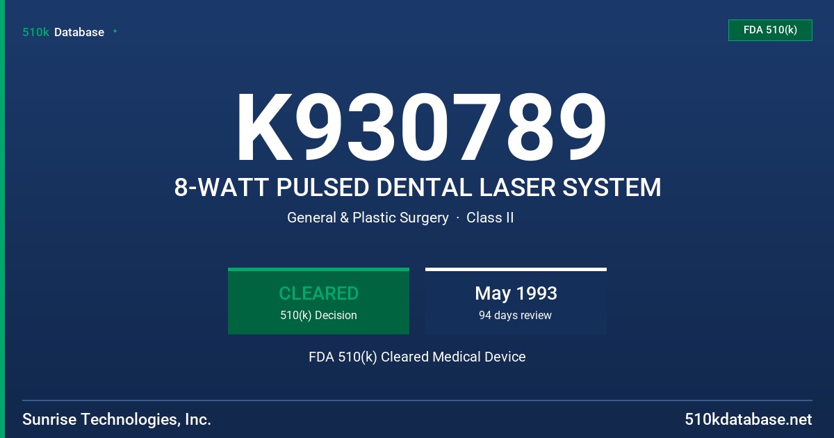 K930789 8-WATT PULSED DENTAL LASER SYSTEM FDA 510(k) Cleared Medical Device
