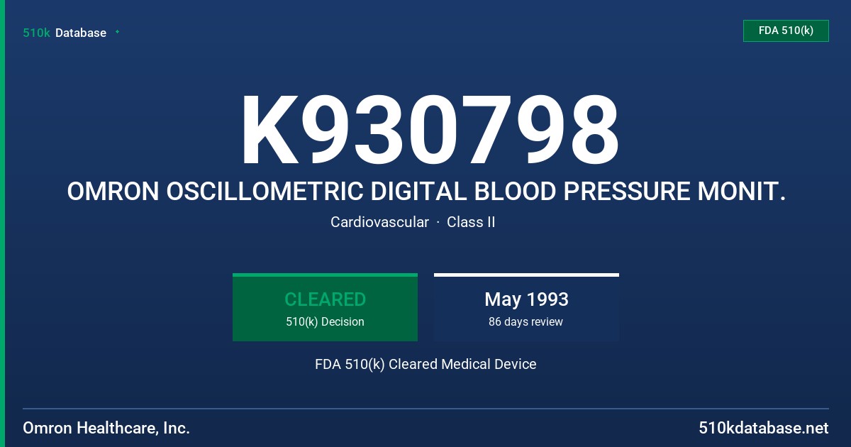 K930798 OMRON OSCILLOMETRIC DIGITAL BLOOD PRESSURE MONIT. FDA 510(k) Cleared Medical Device