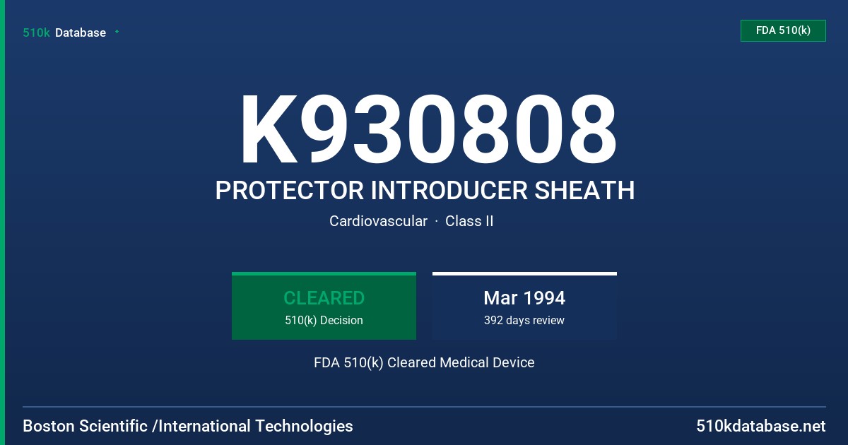 K930808 PROTECTOR INTRODUCER SHEATH FDA 510(k) Cleared Medical Device