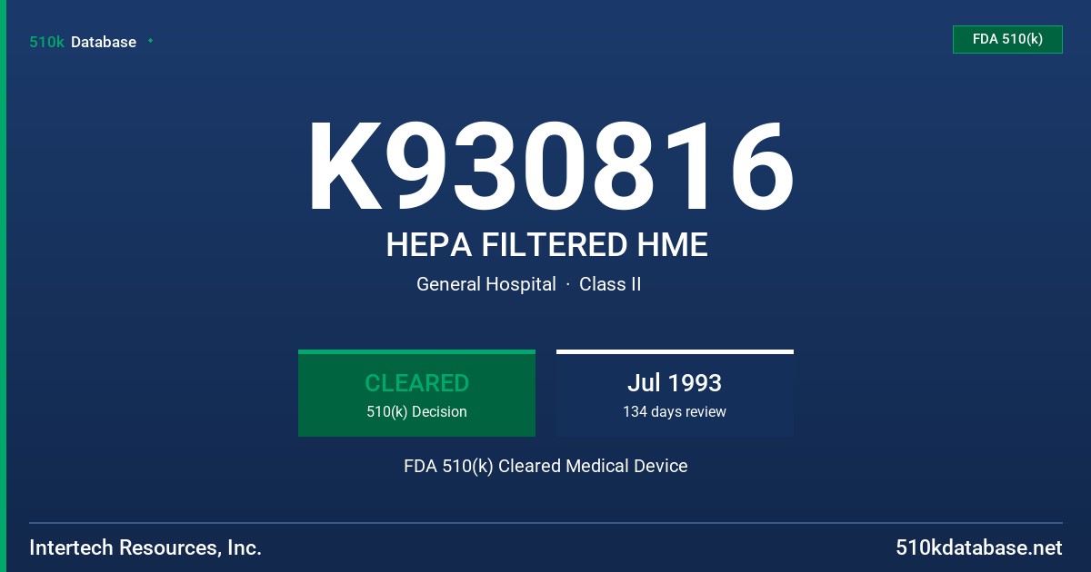 K930816 HEPA FILTERED HME FDA 510(k) Cleared Medical Device