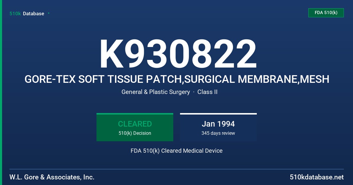 K930822 GORE-TEX SOFT TISSUE PATCH,SURGICAL MEMBRANE,MESH FDA 510(k) Cleared Medical Device