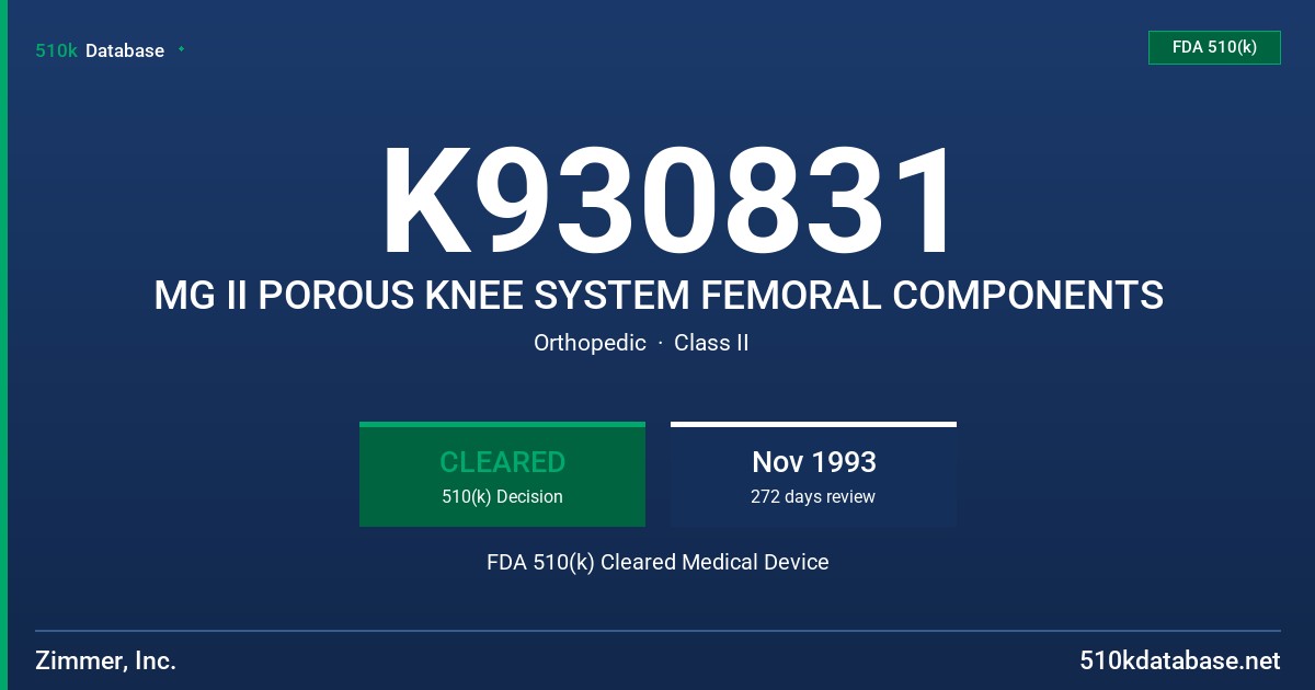 K930831 MG II POROUS KNEE SYSTEM FEMORAL COMPONENTS FDA 510(k) Cleared Medical Device