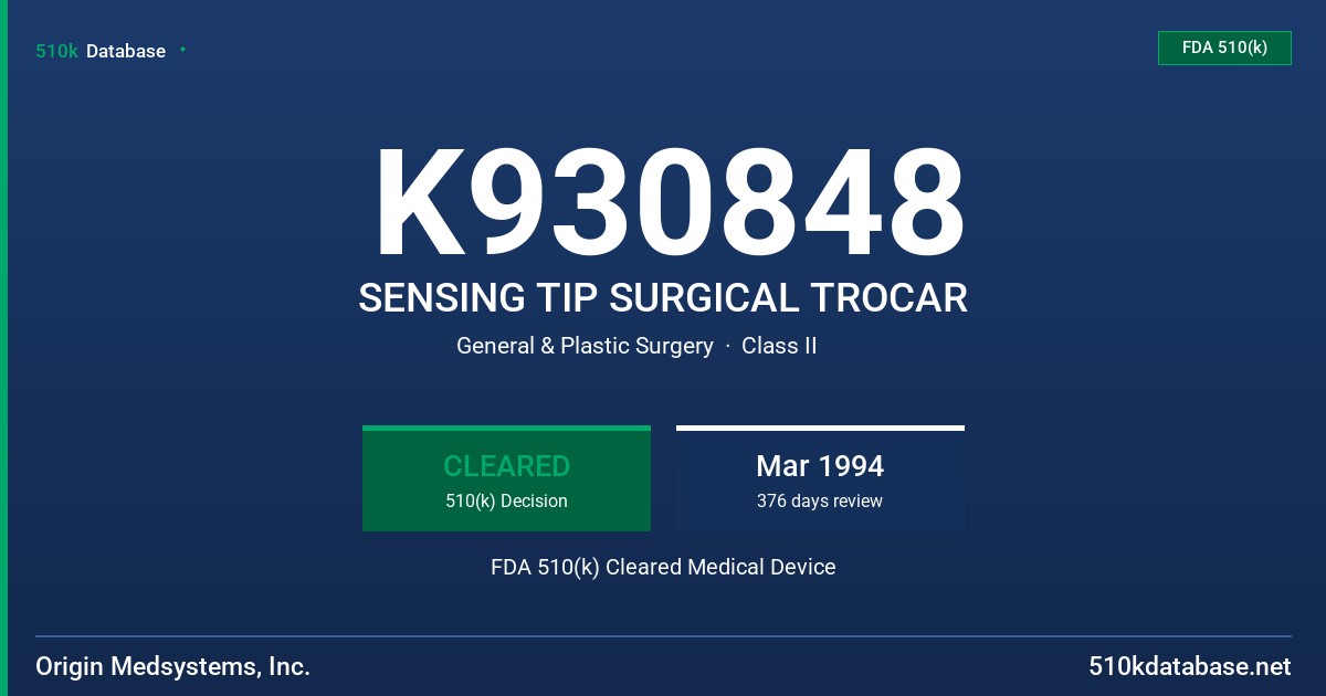 K930848 SENSING TIP SURGICAL TROCAR FDA 510(k) Cleared Medical Device