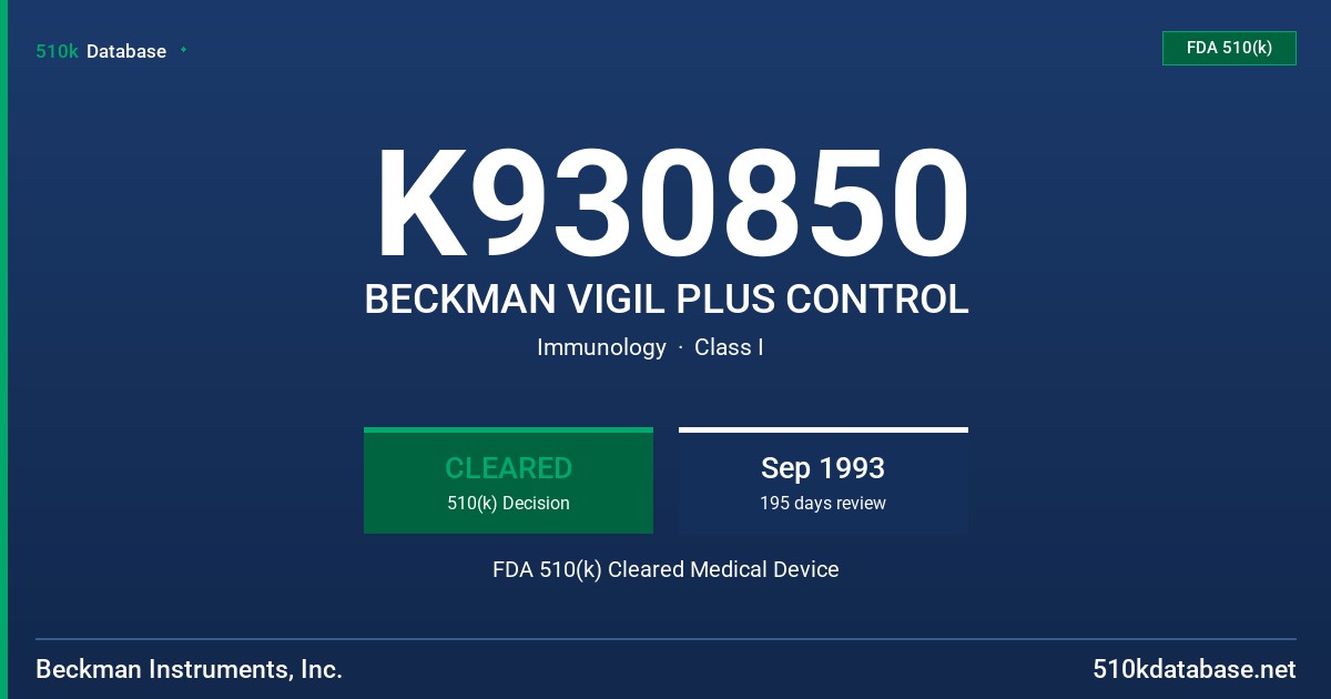 K930850 BECKMAN VIGIL PLUS CONTROL FDA 510(k) Cleared Medical Device